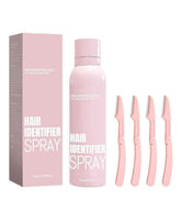 Pink hair identifier spray for highlighting facial hairs, included with four stainless steel razors