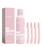 Pink hair identifier spray for highlighting facial hairs, included with four stainless steel razors