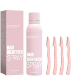 Pink hair identifier spray for highlighting facial hairs, included with four stainless steel razors