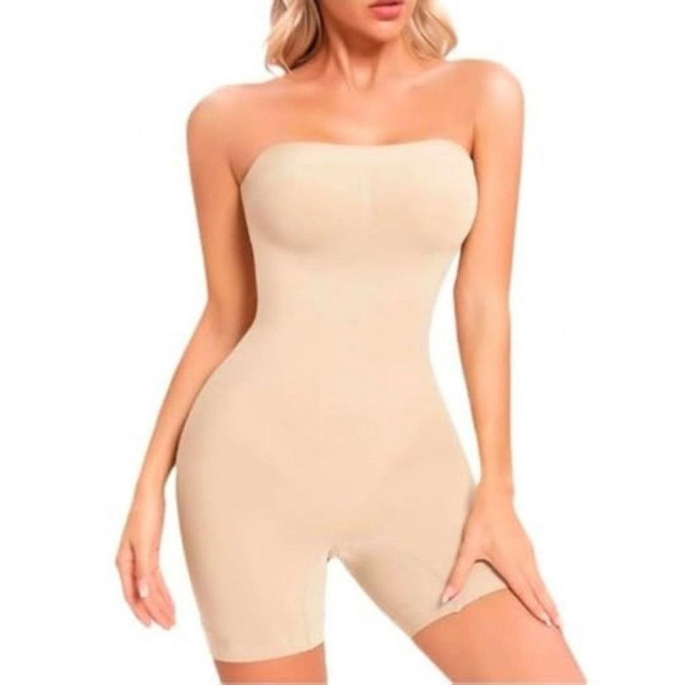 { "alt_text": "Beige seamless shapewear full suit, smoothing belly and waist, ideal for party wear and fitted outfits" }