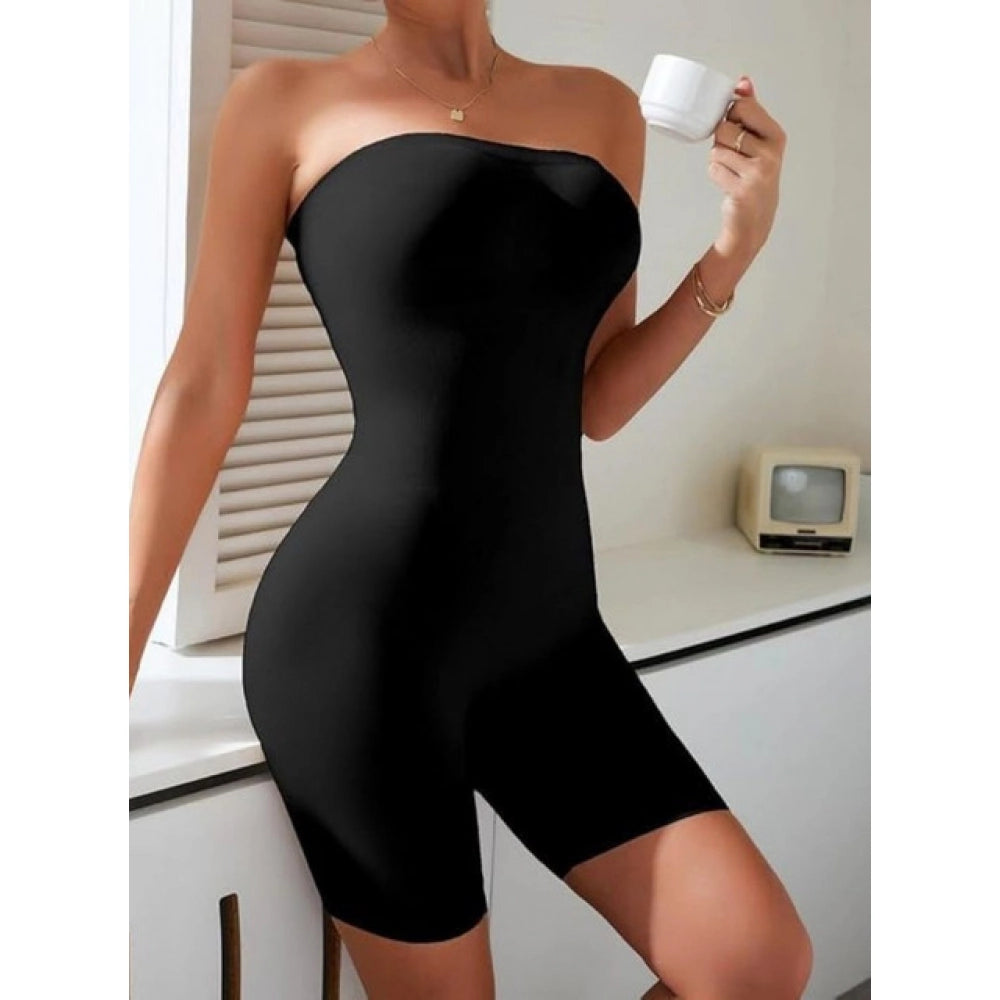 { "alt_text": "Black nylon shapewear full suit, slimming waist and hips, ideal for party wear and fitted outfits" }