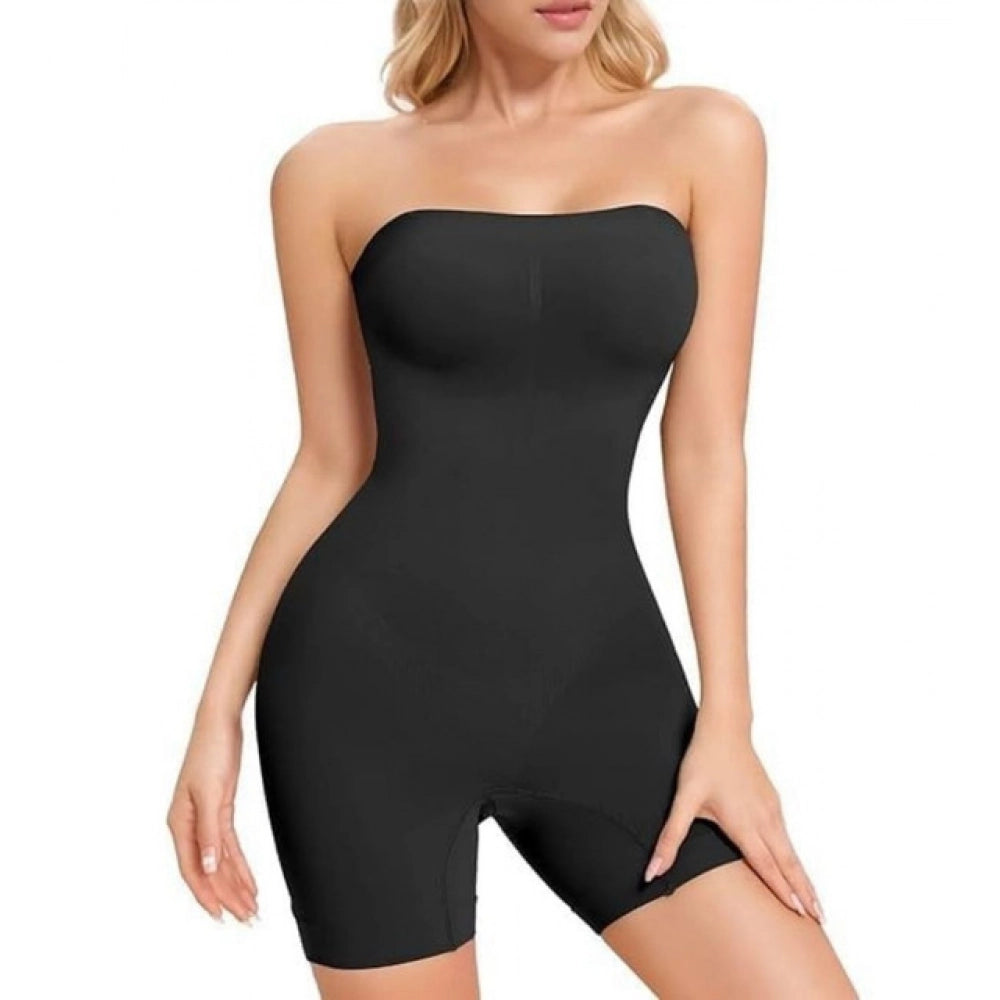 { "alt_text": "Black nylon shapewear full suit, slimming waist and hips, seamless contouring for party wear" }
