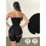 { "alt_text": "Black nylon shapewear full suit, slimming waist and hips, ideal for party wear and fitted outfits" }
