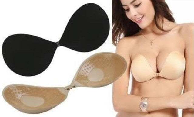 Beige and black adhesive silicone bra pads for strapless, backless, or deep-neck dresses