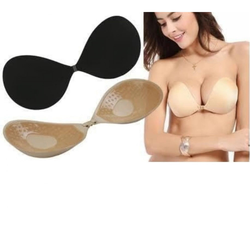 { "alt_text": "Beige black silicone bra pads adhesive support for strapless backless dresses, enhancing natural shape" }
