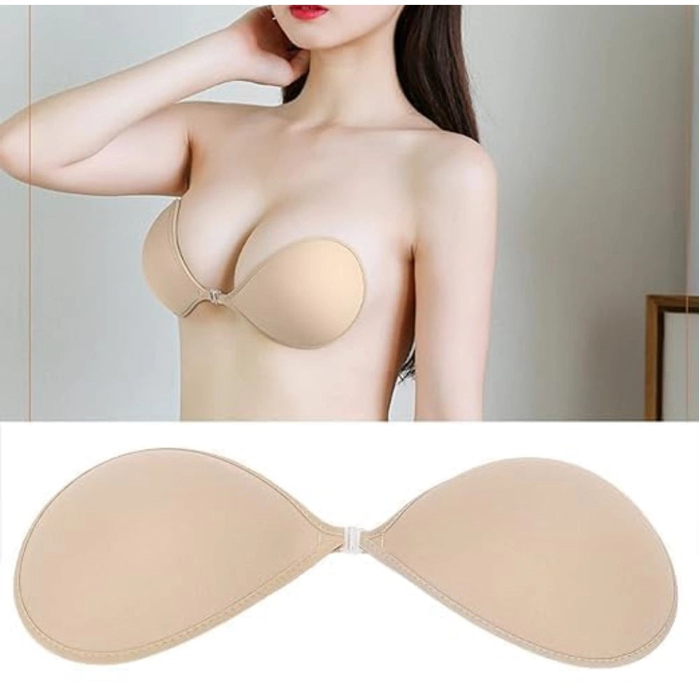 { "alt_text": "Beige black silicone bra pads adhesive support for strapless backless dresses, enhancing natural shape" }