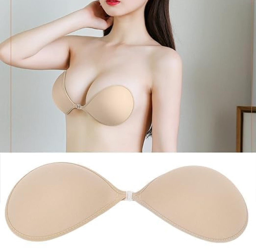 Beige and black adhesive silicone bra pads for strapless or backless dresses, providing a lifted and fuller look