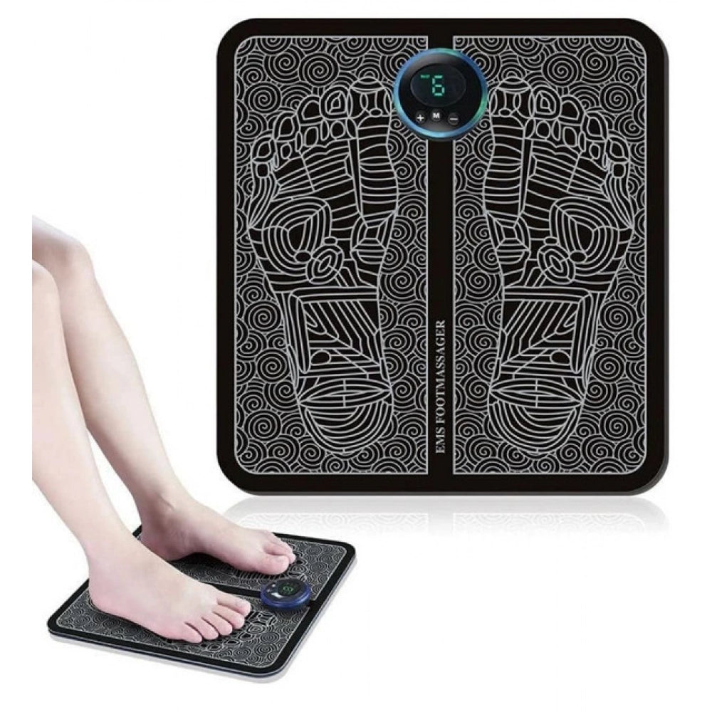{ "alt_text": "Black EMS foot massager for deep muscle stimulation, reflexology foot massager, and circulation booster for legs" }