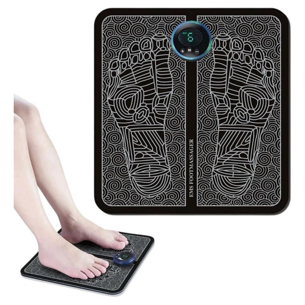 { "alt_text": "Black EMS foot massager for deep muscle stimulation, reflexology foot massager, and circulation booster for legs" }