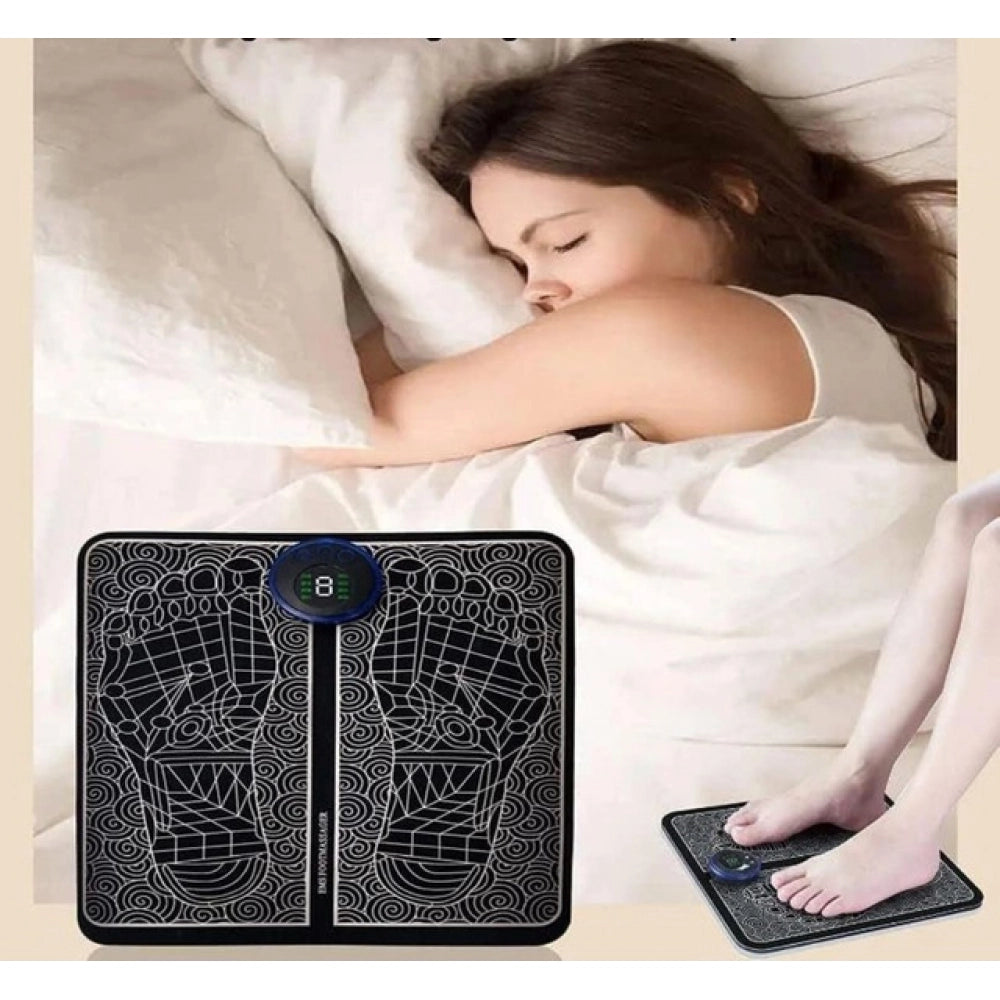 { "alt_text": "Black EMS foot massager for deep muscle stimulation, reflexology foot massager, and circulation booster for legs" }