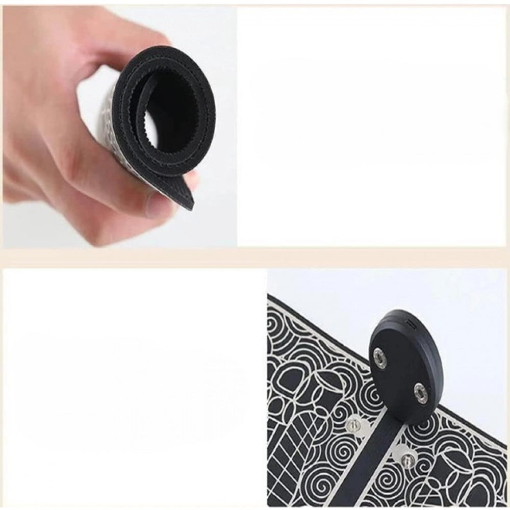{ "alt_text": "Black EMS foot massager for deep muscle stimulation, reflexology foot massager, and circulation booster for legs" }