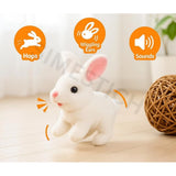 White plush walking-talking rabbit, interactive toy with animatronic movements and sound effects for playful learning