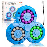 { "alt_text": "Multicolor plastic puzzle toy spinner, triangle-shaped fidget toy for kids and adults, improving focus and fine motor skills" }