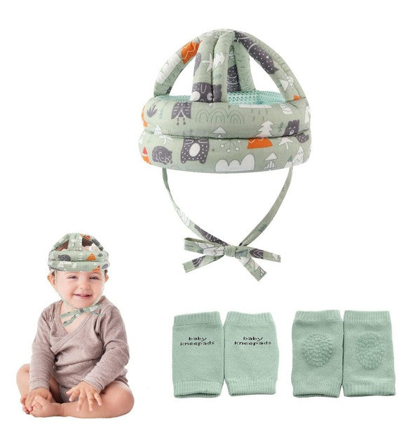 Green breathable baby safety helmet with shock-absorbing sponge and adjustable fit for toddlers