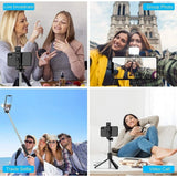 { "alt_text": "Multicolor aluminum selfie stick tripod with Bluetooth remote for travel photography and vlogging" }