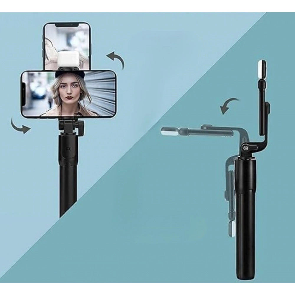 { "alt_text": "Multicolor aluminum selfie stick tripod with Bluetooth remote for travel photography and vlogging" }