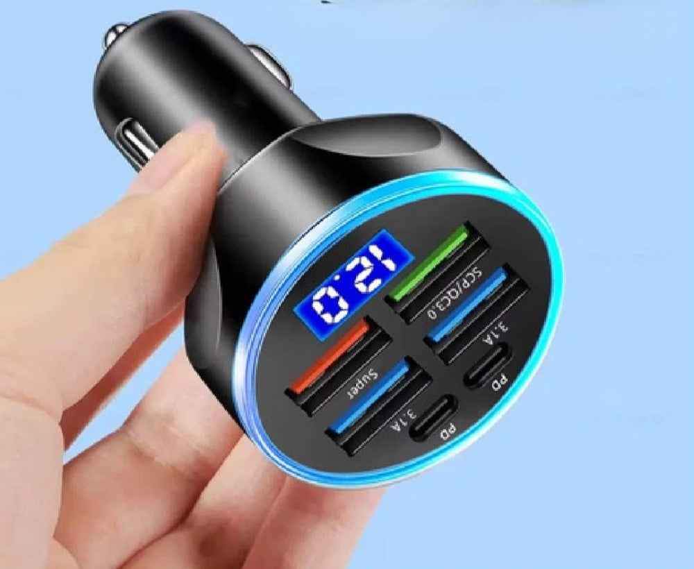Black 6-in-1 car charger with QC 3.0 and Power Delivery ports for multiple devices