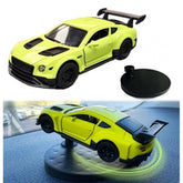 { "alt_text": "Green plastic dashboard drift car display stand, spinning platform for die-cast model cars and collectibles" }