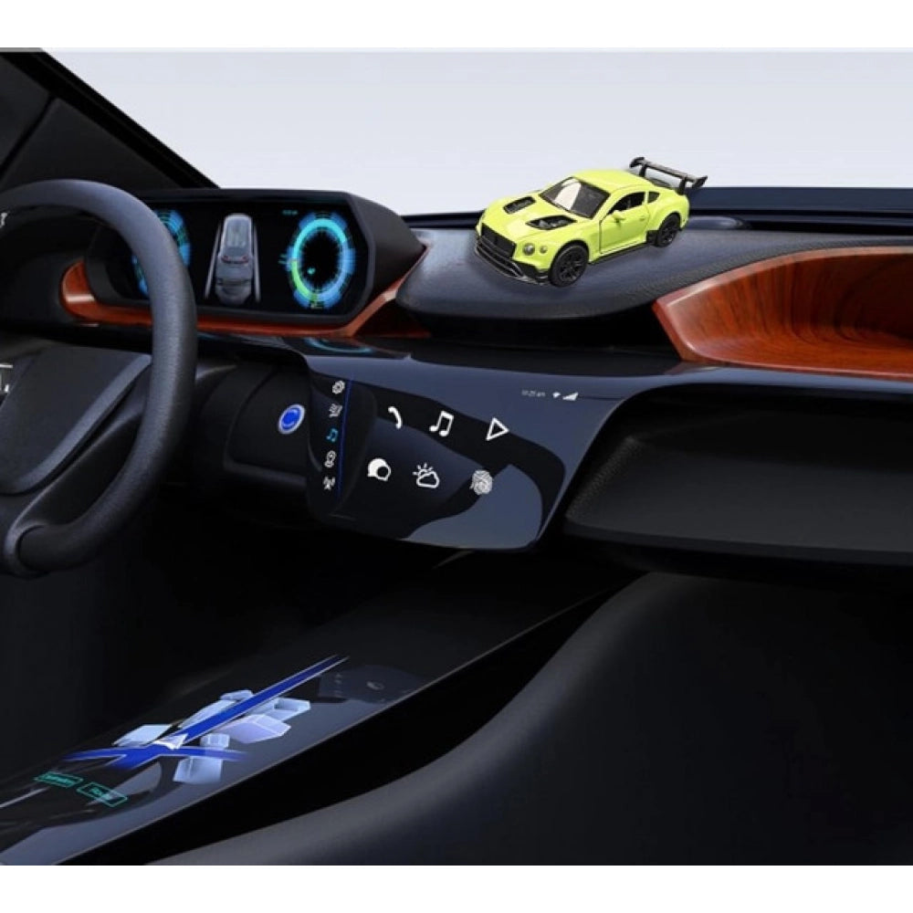 { "alt_text": "Green plastic dashboard drift car display stand, spinning platform for die-cast model cars and collectibles" }