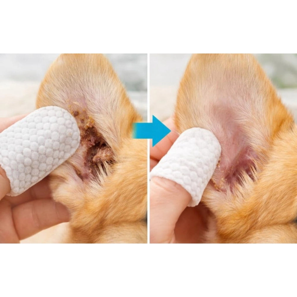 { "alt_text": "White non-toxic pet ear cleaning wipes for dogs and cats, alcohol-free dog hygiene product on hand" }