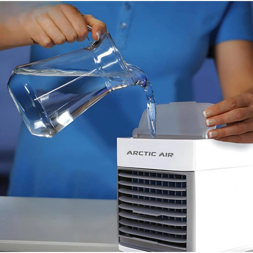 { "alt_text": "Multicolor plastic air cooler for home, portable evaporative cooling fan with soothing night light" }