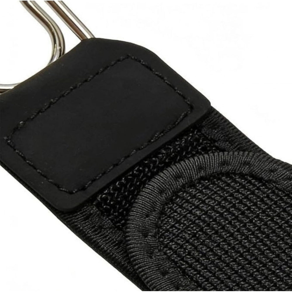 { "alt_text": "Black elastic waistband belt pair, buckle less men's slimming waist accessory, comfortable everyday fit" }