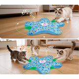{ "alt_text": "Blue fabric cat toy for indoor cats, automatic feather movement, stimulating playtime for kittens" }