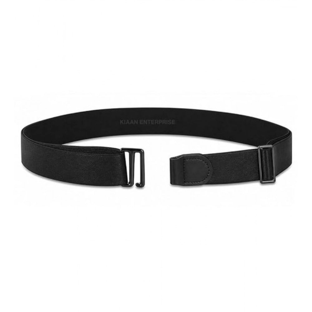 { "alt_text": "Black stretch material shirt tucker belt for men, wrinkle-free shirt stays, adjustable no buckle belt" }