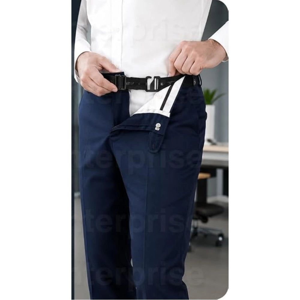{ "alt_text": "Black stretch material shirt tucker belt for men, wrinkle-free shirt stays, adjustable no buckle belt" }