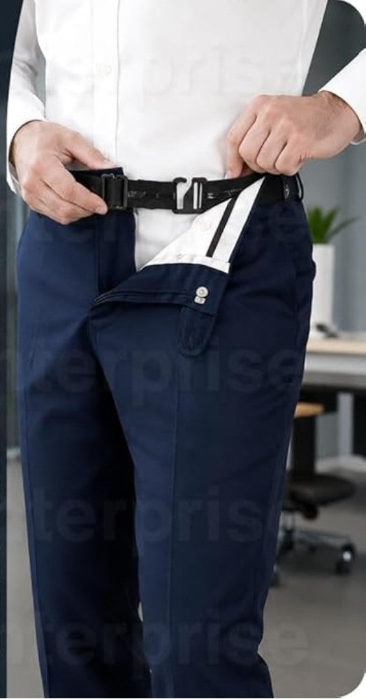 Black adjustable shirt tucker belt for men, designed to keep shirts neatly tucked and wrinkle-free