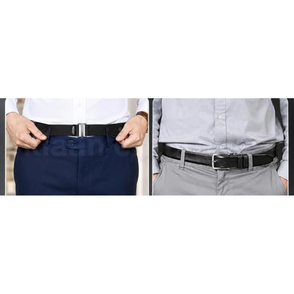 { "alt_text": "Black stretch material shirt tucker belt for men, wrinkle-free shirt stays, adjustable no buckle belt" }