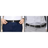 { "alt_text": "Black stretch material shirt tucker belt for men, wrinkle-free shirt stays, adjustable no buckle belt" }