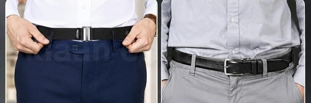 Black adjustable shirt tucker belt for men, designed to keep shirts neatly tucked and wrinkle-free