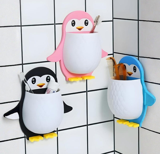 Multicolor wall mounted penguin design toothpaste holder for organizing toothbrushes and bathroom essentials