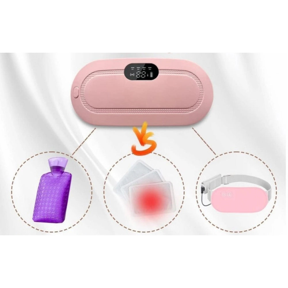 { "alt_text": "Pink breathable heating pad massager belt for menstrual period relief, adjustable abdominal pain relief" }