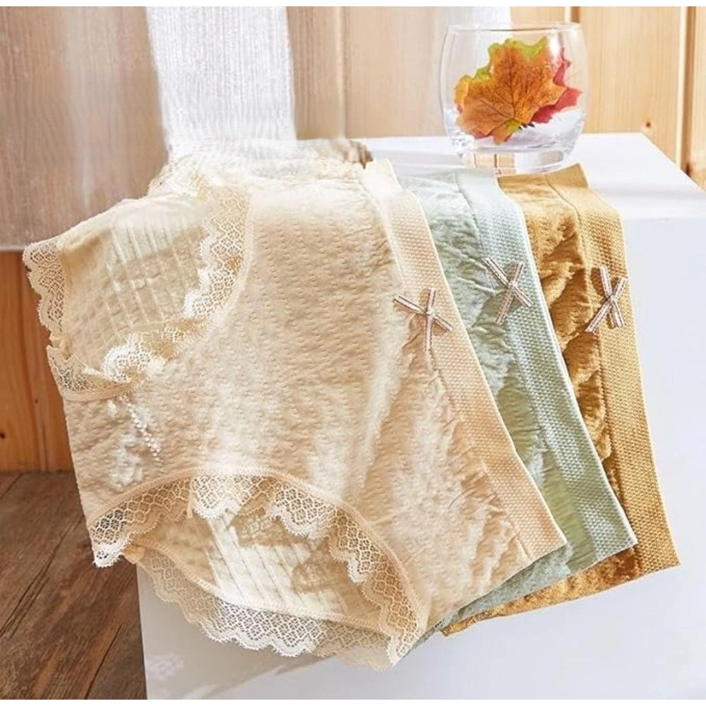 { "alt_text": "Multicolor cotton high waist briefs for women, breathable comfortable underwear, lace detailing, 2-pack" }