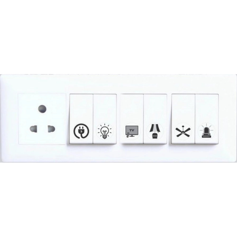 { "alt_text": "Black vinyl switch board stickers for electrical appliance labels, organizing home office kitchen decor" }