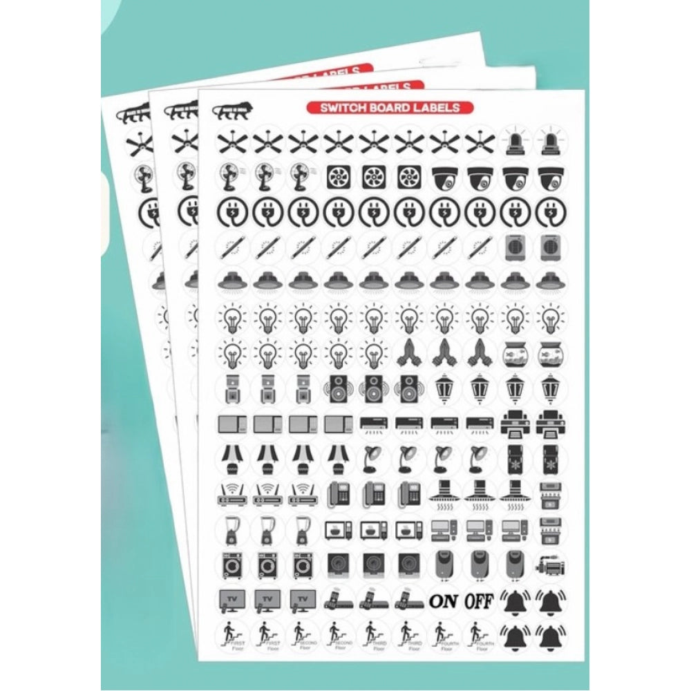 { "alt_text": "Black vinyl switch board stickers for electrical appliance labels, organizing home office kitchen decor" }