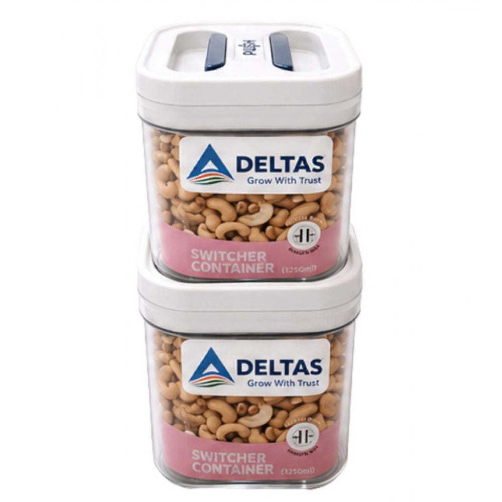 White plastic airtight storage container set (pack of 2), 1250ML capacity with press-and-push closure, ideal for food preservation