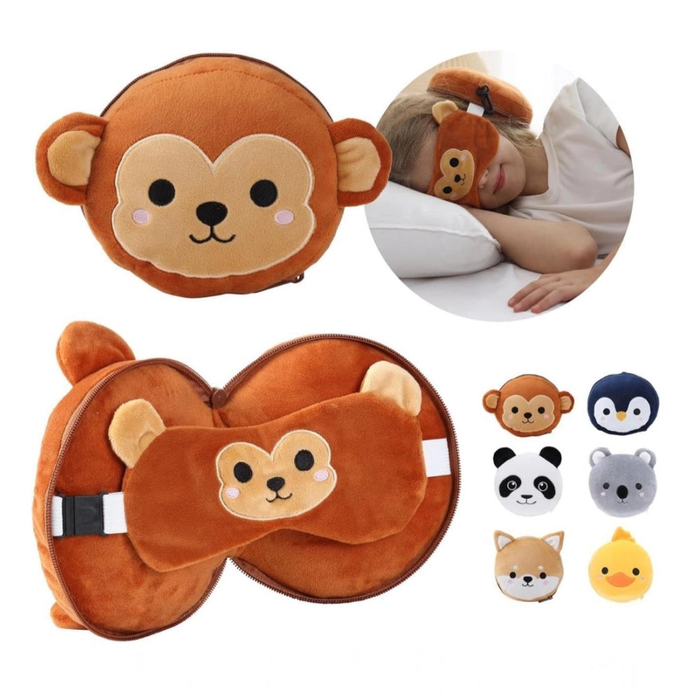 { "alt_text": "Multicolor fabric travel pillow set with eye mask, comfortable sleep aid for sensitive skin, featuring animal designs" }