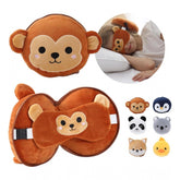 { "alt_text": "Multicolor fabric travel pillow set with eye mask, comfortable sleep aid for sensitive skin, featuring animal designs" }
