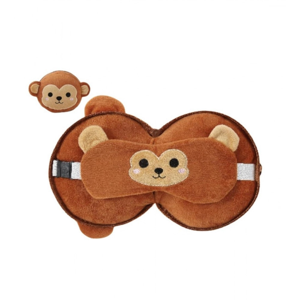 { "alt_text": "Multicolor fabric travel pillow set with eye mask, comfortable sleep aid for sensitive skin, featuring animal designs" }