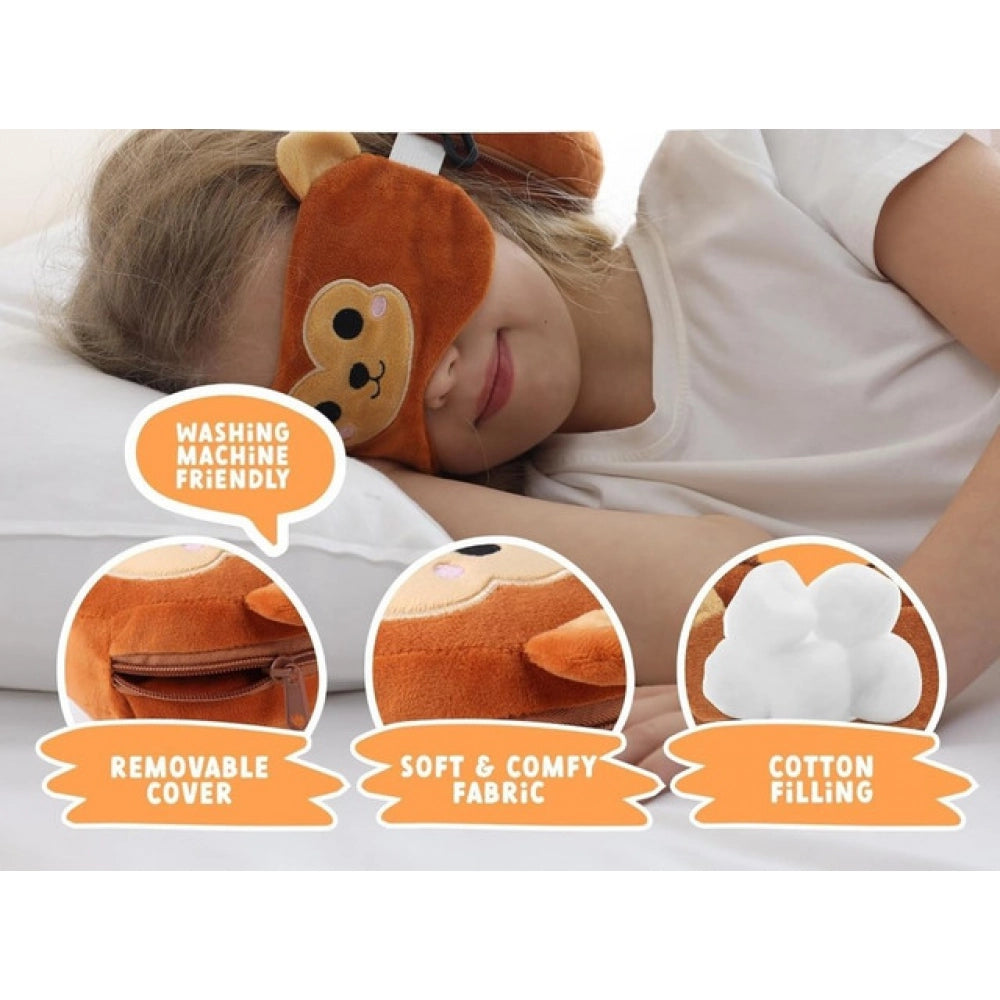 { "alt_text": "Multicolor fabric travel pillow set with eye mask, comfortable sleep aid for sensitive skin, featuring animal designs" }