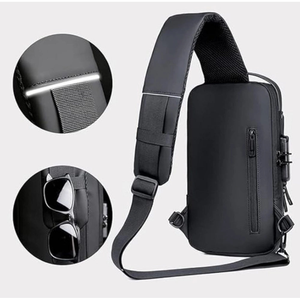 waterproof black sling backpack with adjustable strap, multiple pockets, USB charging port, suitable for office & outdoor activities