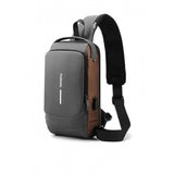 waterproof black sling backpack for men and women with USB charging port, adjustable shoulder strap, multiple pockets, and password lock on outdoor adventure