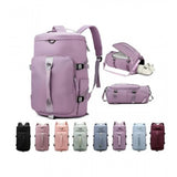 { "alt_text": "Multicolor water-resistant duffle bag backpack for gym travel, featuring separate shoe compartment" }