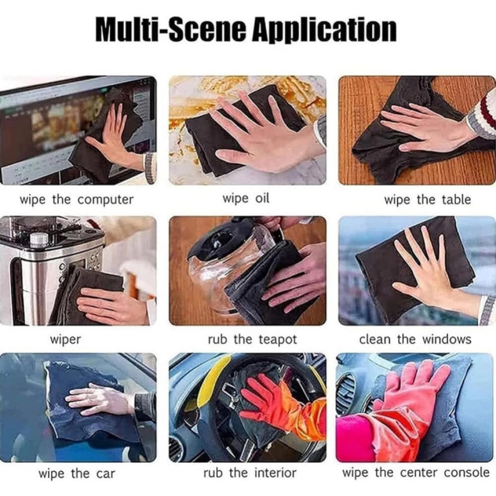 { "alt_text": "Black microfiber magic cleaning cloth pack of 5, streak-free household glass mirror window cleaner for car use" }