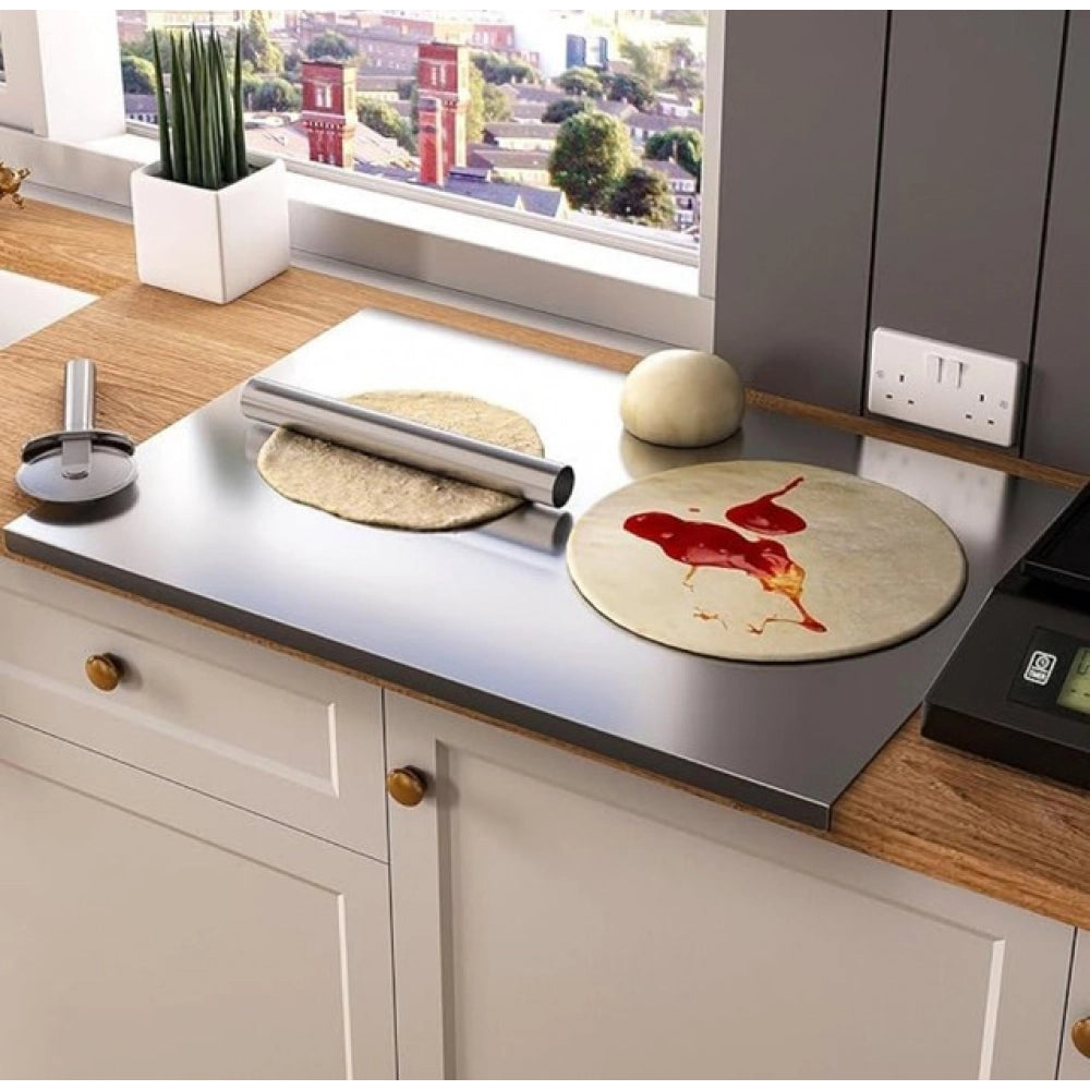 { "alt_text": "Silver stainless steel chopping board for kitchen prep, durable food preparation tool with built-in lip" }