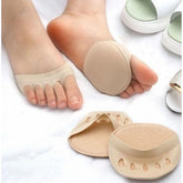 { "alt_text": "Beige knit fabric forefoot pads for women and men, comfortable anti-slip shoe inserts, all-day foot support" }