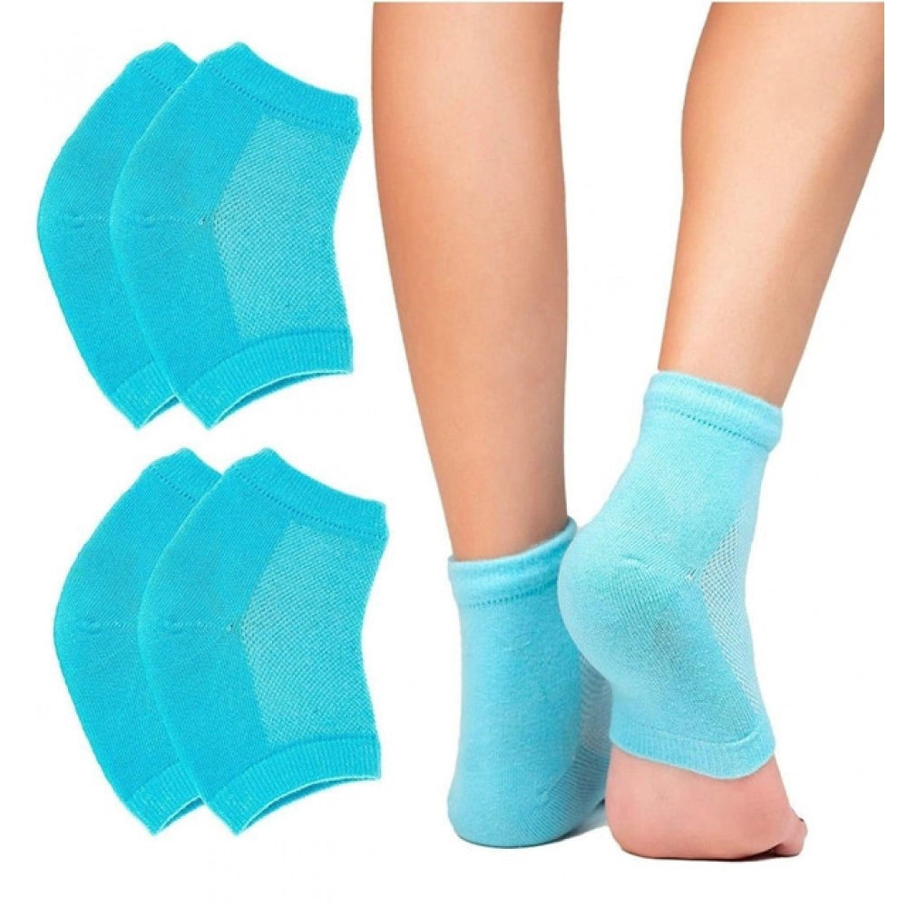 { "alt_text": "Blue cotton heel socks moisturizing gel socks for soft smooth feet, breathable foot care" }
